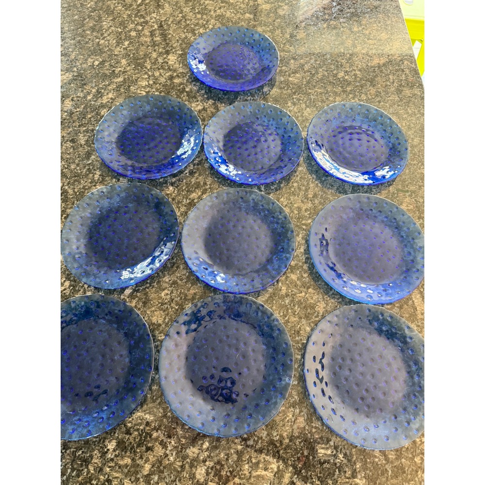 Set of 10 Cobalt Blue Hobnail Glass Salad Dessert Plates Textured‎ Bubble Glass